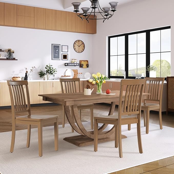 COLAMY Wooden Dining Chairs Set of 6, Solid Rubberwood Kitchen & Dining Room Chairs, Farmhouse Rustic Side Chairs for Dining Table, Anti-Slip Protection, Classic Windsor Style Seating, Oak Light Brown