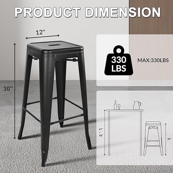 30 Inches Metal Bar Stools, High Backless Stools, Indoor Outdoor Stackable Kitchen Stools, Set of 4, Black