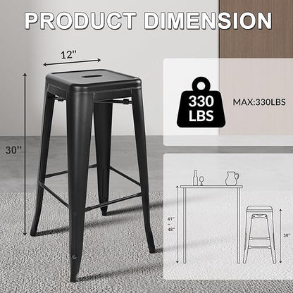 30 Inches Metal Bar Stools, High Backless Stools, Indoor Outdoor Stackable Kitchen Stools, Set of 4, Black