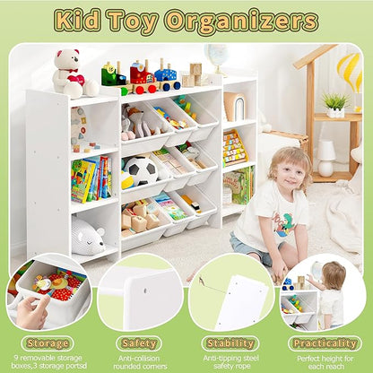 MallBest 4-Tier Kids' Toy Storage Organizer Shelf - 100% Solid Wood, Children's Organizer Cabinet with 9 Plastic Bins and 6 Storage Ports (White)