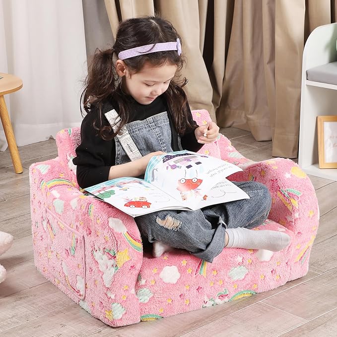 Unicorn Glow in The Dark Toddler Couch, 2-in-1 Toddler Soft Couch Fold Out with Star Pillow, Convertible Sofa to Lounger for Girls and Boys, 1-Seat