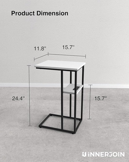 Innerjoin Side Table with Charging Station Set of 2, C Shaped End Table with LED Light Strip, Fast Charge USB A&C Ports, Small Sofa Snack Laptop Side Table for Living Room Bedroom, White