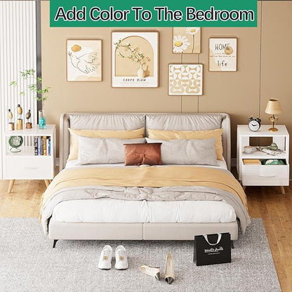 Night Stand, White Kids Nightstand with Drawer, Nursery Side Table with Open Storage, 2-Tier Modern End Table, Bedside Table for Small Space, Living Room, Bedroom