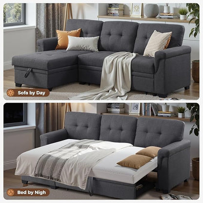 83 Inch L Shaped Modular Convertible Sleeper Sectional Sofa Bed with Storage Chaise and Pull-Out Bed, Linen Upholstered Reversible Corner Couch for Living Room, Home Furniture, Dark Gray
