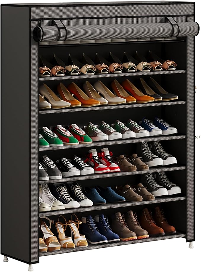 Calmootey 7 Tier Shoe Rack Organizer to Hold 35 Pairs, Portable Shoe Shelf with Nonwoven Fabric Cover for Closet Hallway, Bedroom, Entryway, Grey