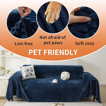 HAOMAIJIA Faux Fur Sofa Covers Couch Covers for 3 Cushion Couch Sofa Pet Friendly Soft Non Slip Couch Cover for Dogs Washable Sectional Couch Covers L Shape Furniture Protector (Navy Blue, 91"x134")