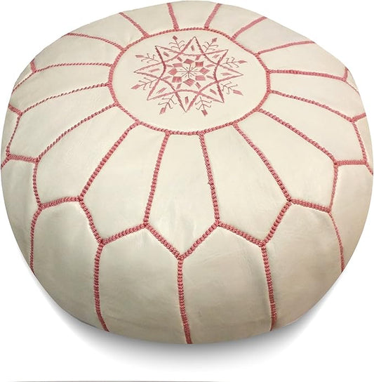 Stuffed Round Design Moroccan Leather Pouf Ottoman, Handmade, Pre-Filled, 100% Genuine Leather, 13” Height x 20” Diameter, Footstool & Living Room Décor (White with Pink Stitches)