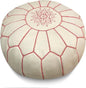 Stuffed Round Design Moroccan Leather Pouf Ottoman, Handmade, Pre-Filled, 100% Genuine Leather, 13” Height x 20” Diameter, Footstool & Living Room Décor (White with Pink Stitches)