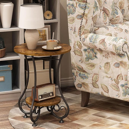 Side Table,Small Round End Table with Lower Shelf for Small Spaces, Portable Couch Sofa Coffee Table,Bedside Nightstand Table with Metal Frame,Retro Accent Drink Table for Living Room Bedroom Balcony