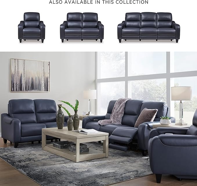 Signature Design by Ashley Mercomatic Contemporary Leather Match Wall Hugger Power Reclining Loveseat with Adjustable Headrest and USB Ports, Blue