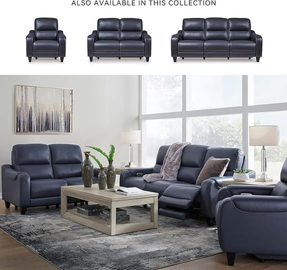 Signature Design by Ashley Mercomatic Contemporary Leather Match Wall Hugger Power Reclining Loveseat with Adjustable Headrest and USB Ports, Blue
