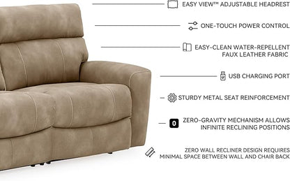 Signature Design by Ashley Next-Gen DuraPella Contemporary Faux Leather Modular Wall Hugger 2-Piece Power Reclining Sectional Loveseat with Adjustable Headrest and USB Ports, Light Brown