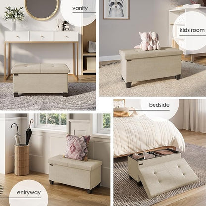 STORAGEBUD Storage Ottoman Bench with Bins, 30-in Storage Bench for Bedroom End of Bed, Folding Foot Rest Ottoman for Living Room Max 660lbs, Fabric Ottomans, Beige