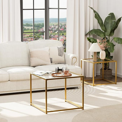 Garden 4 you Coffee Table Set of 2, Modern Patterned Glass Nesting Table, Metal Frame Square Center Table Set, Side Tables, Nesting Coffee Table for Living Room, Bedroom and Small Spaces, 23.6in Gold