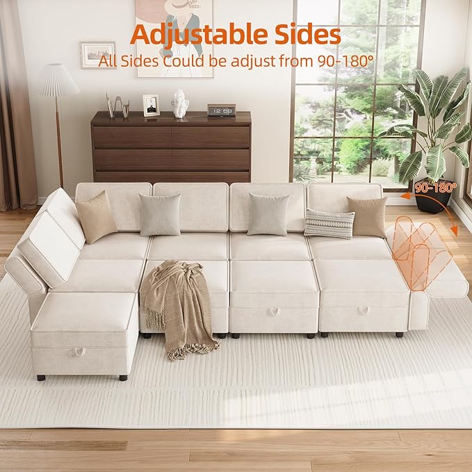 Modular Sectional 9-Seat Sofa, L Shaped Sectional Couch with Removable Storage Ottoman, Convertible Sleeper Sofa Suitable for Living Room, Bedroom, and Apartments, Beige