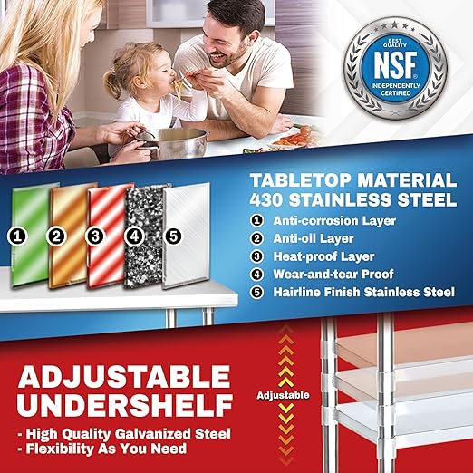 DuraSteel Stainless Steel Work Table 30" x 72" x 34" Height w/ 4 Caster Wheels - Food Prep Commercial Grade Worktable - NSF Certified - Good for Restaurant, Business, Warehouse, Home, Kitchen, Garage