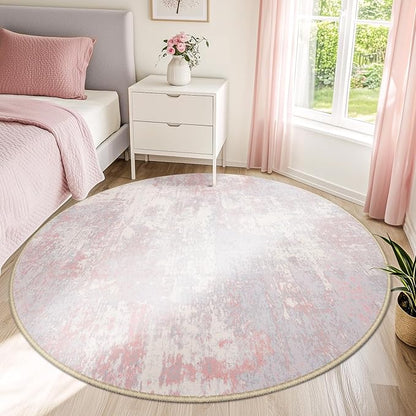Washable Area Rugs 6ft Non-Slip Modern Abstract Soft for Living Room Entryway Bedroom Nursery, Print Pattern, Grey Pink