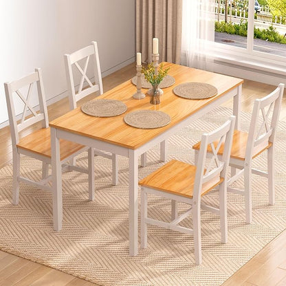 soges Dining Table Set for 4, 42.5 inch Pine Wood Dining Room Table with 4 Chairs, 5-Piece Kitchen Table Chairs Set for Small Space, Apartment, Dinette, Breakfast, White & Oak
