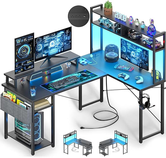 Small L Shaped Desk Gaming Desk with Power Outlets, 48" Reversible L Shaped LED Computer Desk with Monitor Stand & Storage Shelf, Corner Gamer Desk Home Office Desk with Storage Bag, Black
