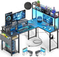 Small L Shaped Desk Gaming Desk with Power Outlets, 48" Reversible L Shaped LED Computer Desk with Monitor Stand & Storage Shelf, Corner Gamer Desk Home Office Desk with Storage Bag, Black
