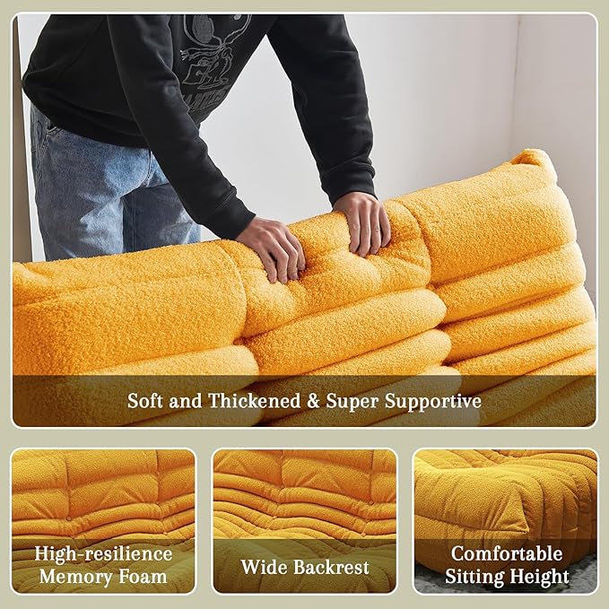 Bean Bag Chairs for Adults, BeanBag Reading Chair Memory Foam Couch 3-Seater, Floor Chair Soft Teddy Material, Comfy Reading Nook Chairs for Bedroom Living Room Office (Yellow)