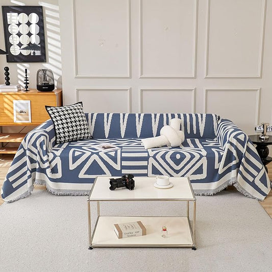 STACYPIK Modern Boho Couch Covers, Non Slip Blue Geometric Sofa Cover for Loveseat, Washable Furniture Protector for 3 Cushion Couch, Anti Slip Reversible Jacquard Couch Throw Covers for Sofa-71X150IN