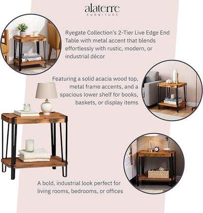 Ryegate Live Edge End Table with Storage – 2-Tier Solid Acacia Wood Side Table with Metal Frame and Lower Shelf – Industrial Accent Table for Living Room or Bedroom by Alaterre Furniture