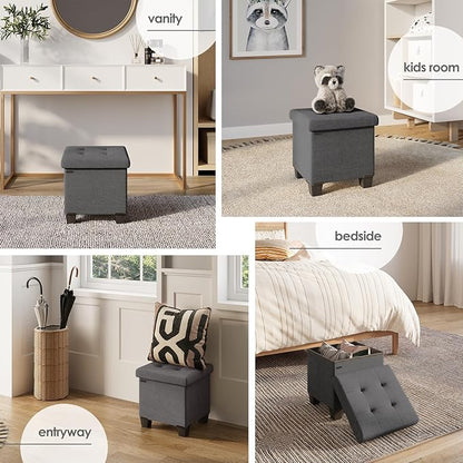 STORAGEBUD Storage Ottoman Cube with Small Bin, 16-in Square Ottoman with Storage for Living Room and Bedroom, Small Ottomans Foot Rest, Fabric Foot Stools Ottomans Max 330lbs, Grey