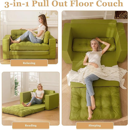 YOSHOOT Loveseat Sleeper Sofa,55" Convertible Sofa Bed Couch Futon Couches for Living Room,3-in-1 Pull Out Floor Couch with Backrest and Pillows, Green