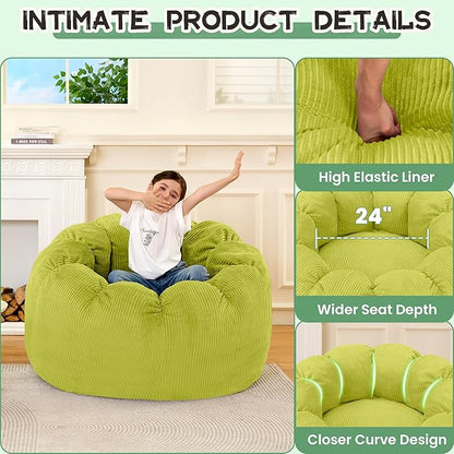 HABUTWAY Giant Bean Bag Chair for Adults/Kids/Teens, Pumpkin Bean Bag Couch Comfy Reading Chair for Bedroom, Corduroy Lazy Sofa Loughe Chair with Wider Seat Depth & Non-Slip Bottom(Light Green)
