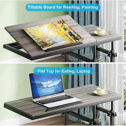 Tribesigns Height Adjustable C Table with Wheels, Mobile Couch Snack Side Table with Tiltable Drawing Board, Sofa Bedside Laptop Stand C Shaped TV Tray with Storage Shelves (Grey)