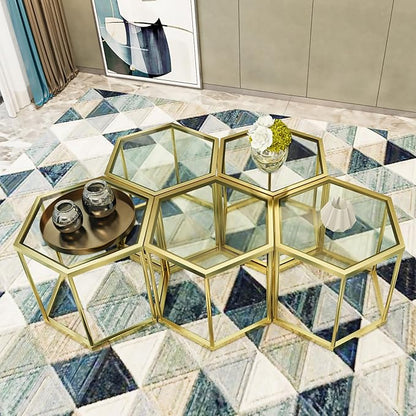 Gold Coffee Table Glass Modern Coffee Table, Hexagon Free Combination Glass Center Table Small End Tables with Metal Frame for Living Room Set of 1