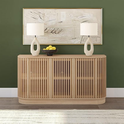Plank+Beam Contour Wood TV Stand, Three Door Solid Wood Entertainment Console with Storage, 59" L x 16" W x 30" H, Blonde