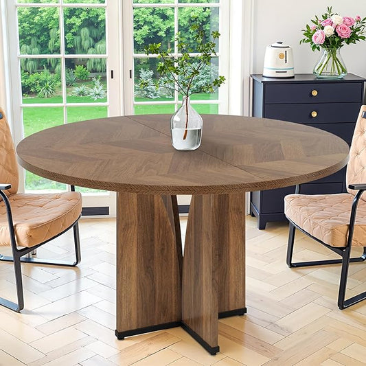 Round Dining Table for 4, 39" Small Dinner Table with Cross Base Round Brown Kitchen Tables for Dining Room, Kitchen, Living Room
