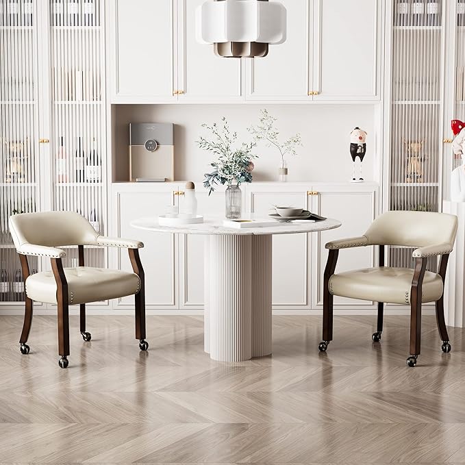 LEEMTORIG Large Dining Chairs with Casters and Arms, Rolling Dining Chairs with Wheels, Solid Wood Office Desk Chairs, 26“Dx25.2 Wx31.5“H, Espresso Legs & Beige PU, XXY-1910-BG