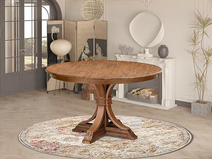 F57-0N-TP - Wooden Dining Table with Acacia Wood Round Tabletop, Antique Walnut Finish