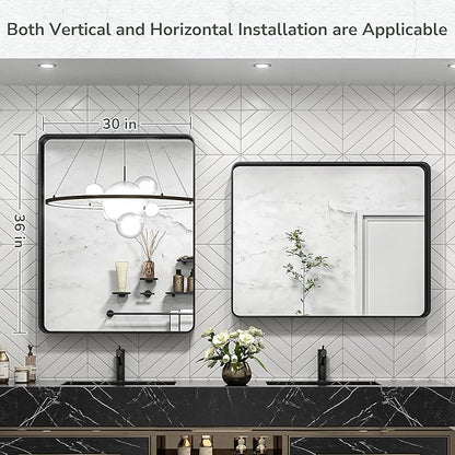 TokeShimi 30 x 36 Inch Black Bathroom Mirror for Wall Vanity Mirror with Non-Rusting Aluminum Alloy Metal Frame Rounded Corner for Modern Farmhouse Home Decor (Horizontal/Vertical)