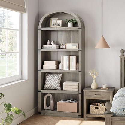 GarveeHome Bookcase 5 Shelf Arched Bookshelf 71.65in Tall Bookcase Farmhouse Display Storage Rack Wooden Bookshelves for Home Office, Living Room (Rustic Gray)