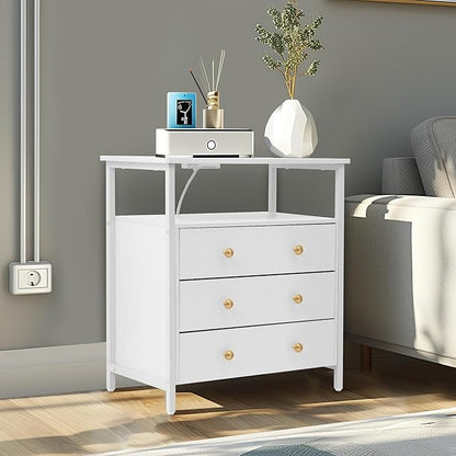 3 Wooden Drawers Night Stand, 27 Inch Wide Nightstand with Charging Station and Adjustable Drawers, Bedside Table for Living Room/Bedroom/Office, White.