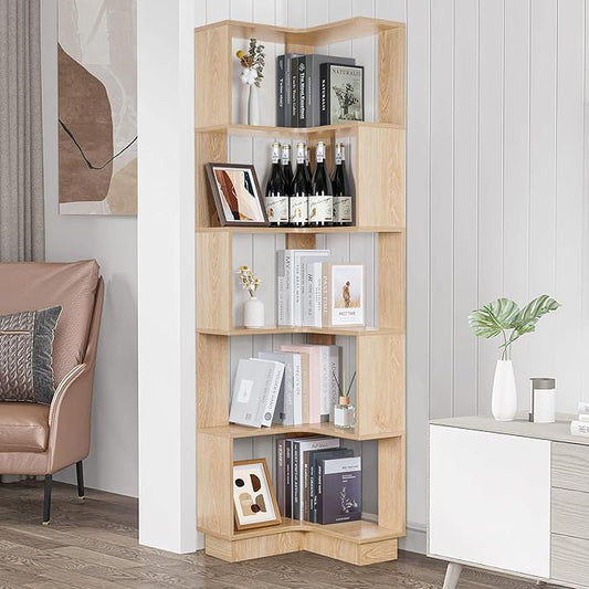 Wooden Corner Bookcase, 5 Tiers Corner Bookshelf 68.9" L-Shaped Storage Display Rack Tall Large Open Bookshelf with Fixture for Living Room Bedroom Study Office