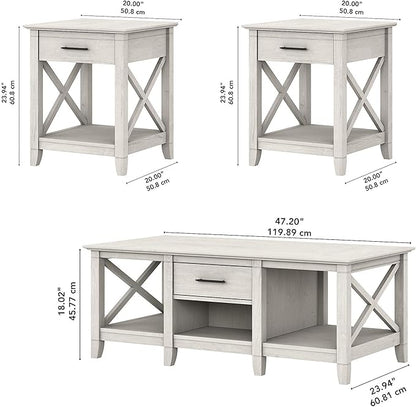Bush Furniture Key West Coffee Table with Set of 2 End Tables in Linen White Oak