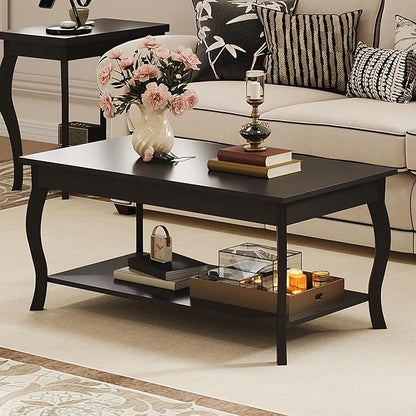 ChooChoo Coffee Table, Modern Center Table with Curved Legs and Storage Shelf, 39" Coffee Table for Living Room, Black