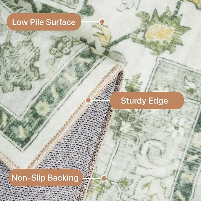 GENIMO 3x5 Area Rugs for Living Room, Machine Washable Non Slip Vintage Rugs, Low Pile Lightweight Chenille Print Rug for Bedroom, Dining Room, Home Office, Green