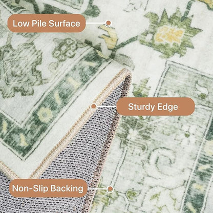 GENIMO 3x5 Area Rugs for Living Room, Machine Washable Non Slip Vintage Rugs, Low Pile Lightweight Chenille Print Rug for Bedroom, Dining Room, Home Office, Green