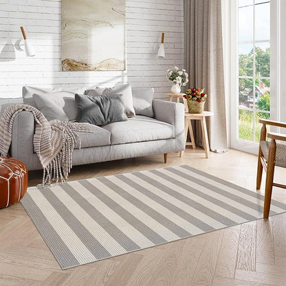 OJIA Outdoor Area Rug 4'x6' Striped Patio Rugs Washable Woven Cotton Indoor Outdoor Rug Living Room Rug Checkered Rug Floor Carpet for Living Room/Dining Room/Deck/Backyard (Gray/White/Tan)