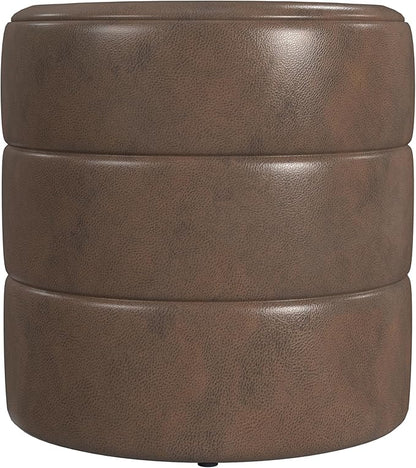 HomePop Upholstered Faux Leather Round Ottoman (No Lid, Seat Only) Home Décor | Round Pouf Foot Rest – Brown Faux Leather