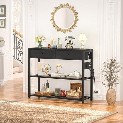 Ecoprsio Entryway Table with Outlets and USB Ports, Console Table with 2 Drawers, Small Sofa Table with Storage Shelves for Living Room, Couch, Hallway, Foyer, Kitchen Counter, 32'', Black