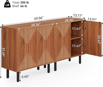 LITTLE TREE 59 Inches Long Sideboard Buffet Cabinet, Vintage Storage Cabinet with 4 Doors, Large Coffee Bar Cabinets for Kitchen, Cupboard Console Cabinets, Old Rose Color