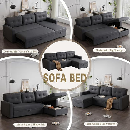 Ball & Cast Convertible Sectional Sleeper Sofa Bed L Shaped 4 in 1 Pull Out Couch with Reversible Storage Chaise & Removable Back Cushions,Sleeper Corner Pull Out Sofa Bed Couch for Living Room,Office