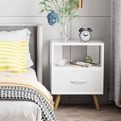 Night Stand, White Kids Nightstand with Drawer, Nursery Side Table with Open Storage, 2-Tier Modern End Table, Bedside Table for Small Space, Living Room, Bedroom